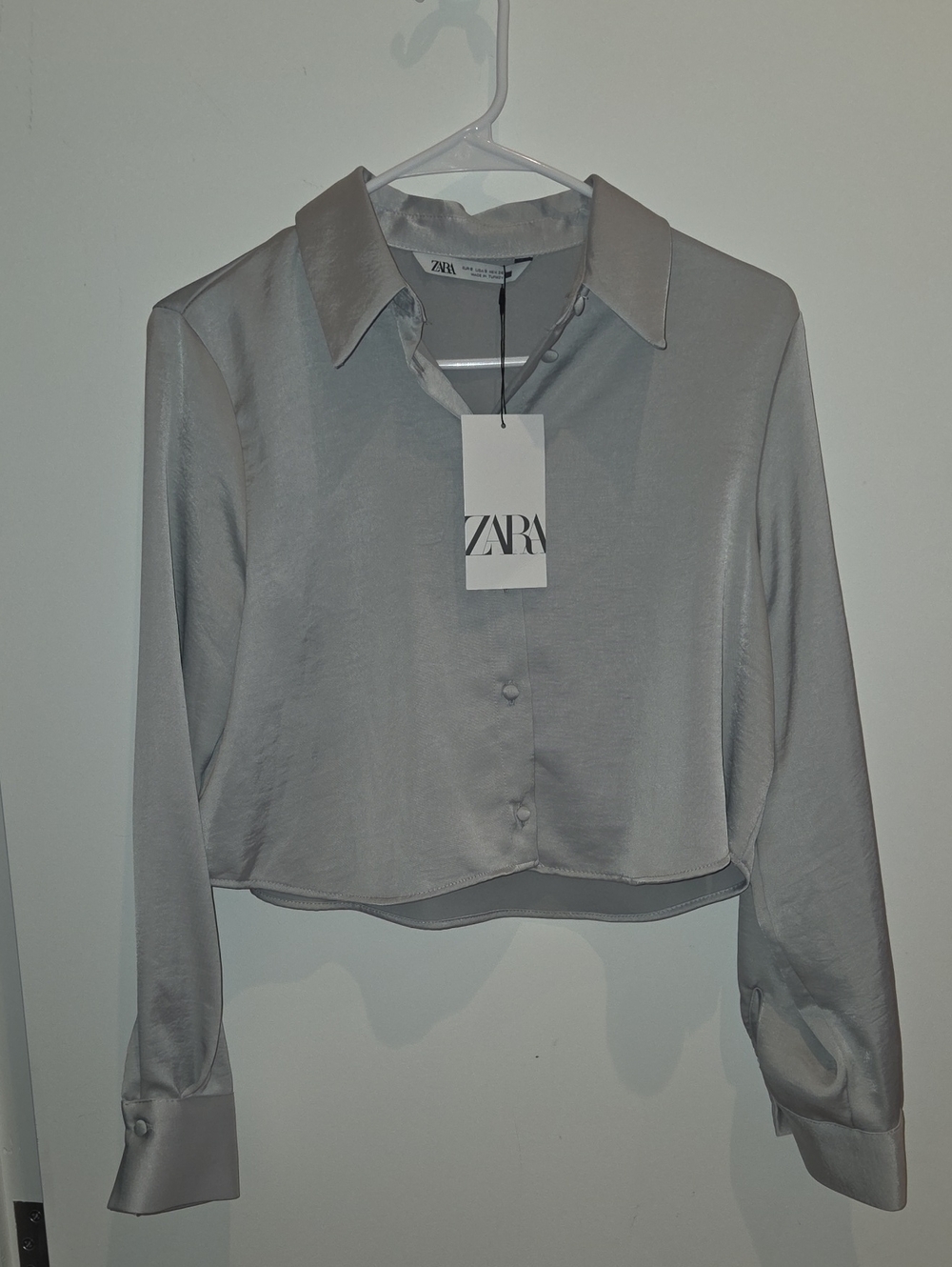 ZARA Silver Satin Cropped Button-Down Shirt